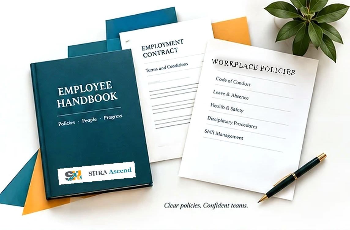 An employee handbook, an employment contract and a workplace policies sheet on a desk, with the line Clear policies. Confident teams.